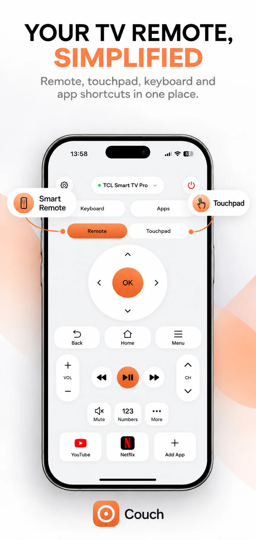 Couch smart remote promotional image with navigation, playback and app controls