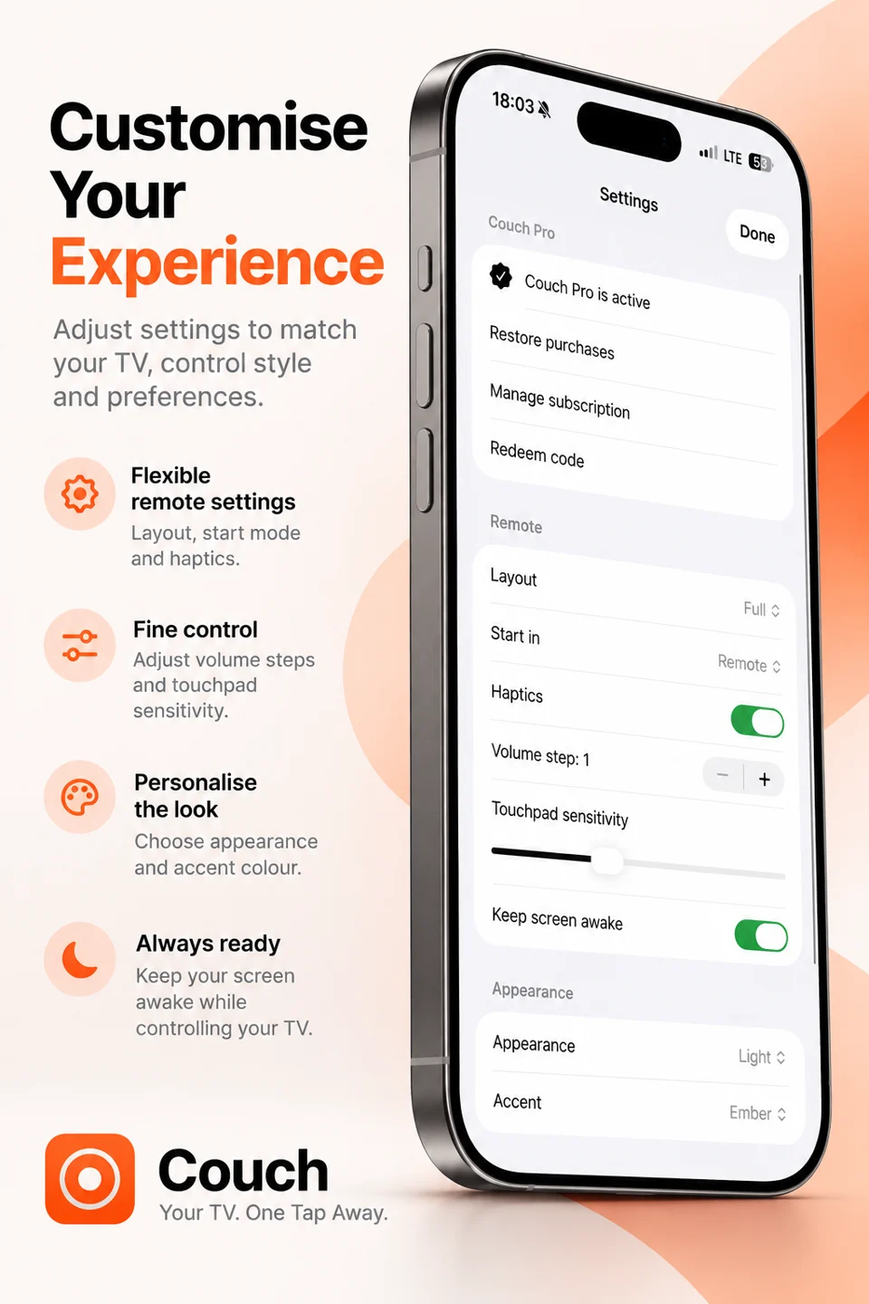 Couch promotional panel showing the settings interface