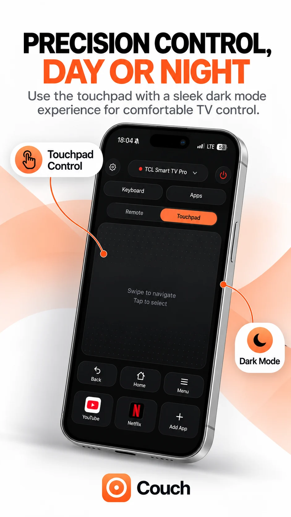 Couch promotional panel showing the touchpad interface